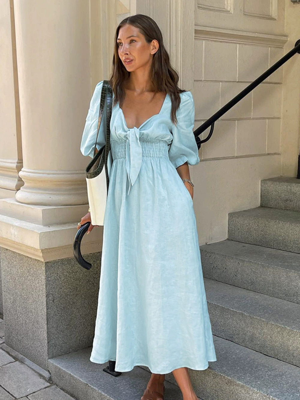 Forever 21 Sky Blue Cotton Linen Puff Sleeve High Waist A-Line Loose Maxi Dress